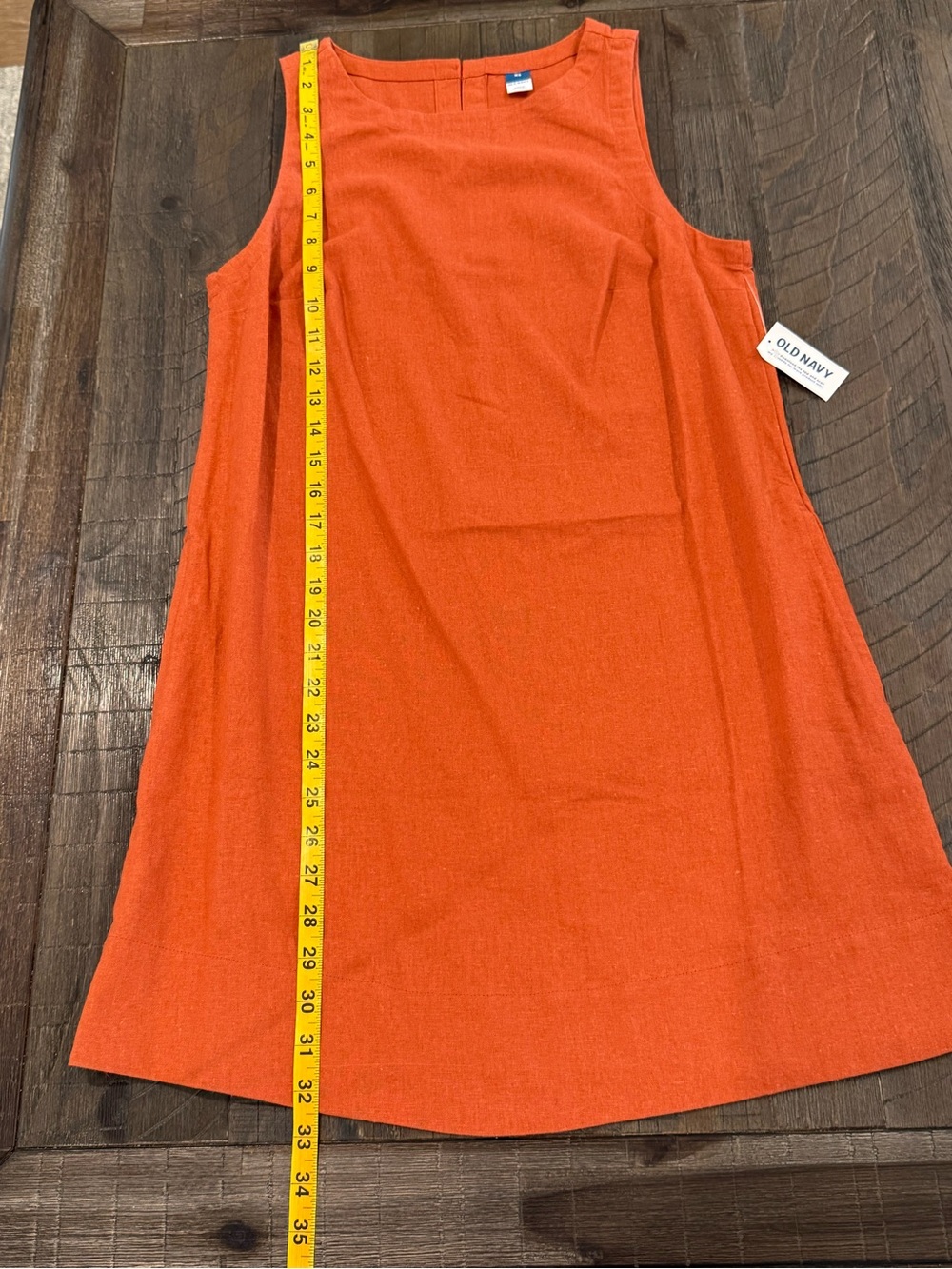 Old Navy Printed Linen-Blend Mini Shift Dress Rust Color Crew Neck Loose - Picture 9 of 14